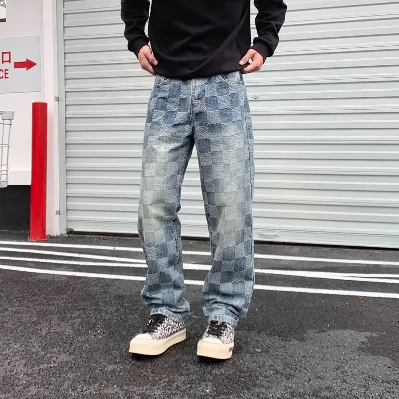 巴黎风美式棋盘格提花马赛克水洗蓝牛仔裤宽松直筒阔腿修身牛仔裤