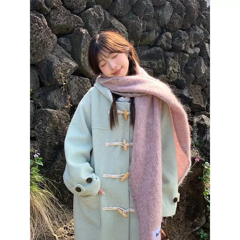 霍里德地图"清酒薄荷"薄荷绿牛角扣毛呢大衣夹棉外套女秋冬