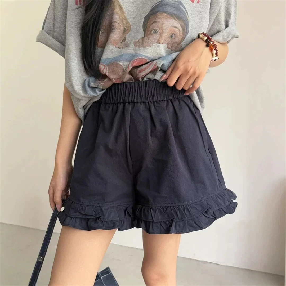 花边短裤木耳边阔腿裤女2025夏季新款休闲少女运动松紧腰裤花苞裤