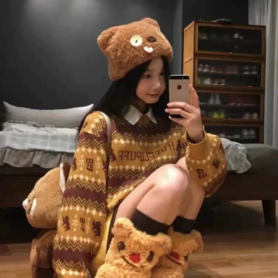 开口笑丑萌大头美拉德饼人毛单鞋女款冬季厚底休闲鞋