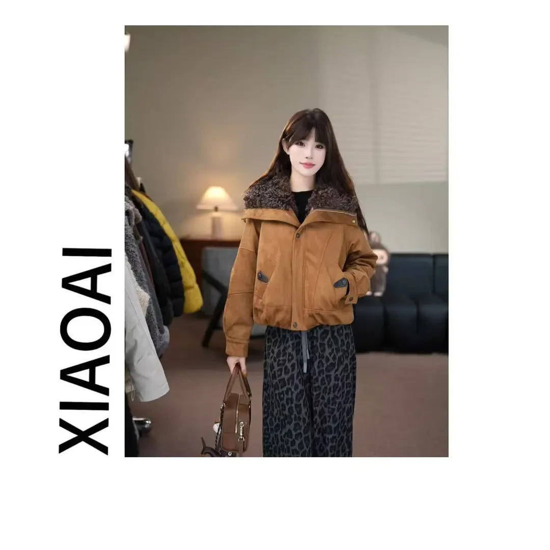 秀水清依【北欧棕卡】冬季翻领复古感保暖外套显瘦短款毛绒领外套