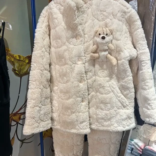 秋冬加厚加绒珊瑚绒情侣睡衣套装居家保暖服