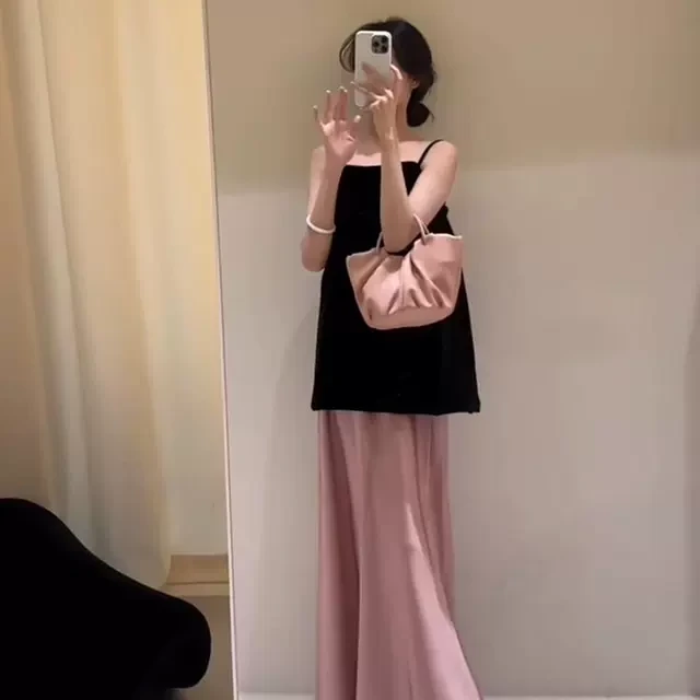 大码胖mm夏季新款轻熟风韩版宽松无袖吊带上衣女高腰半身裙两件套