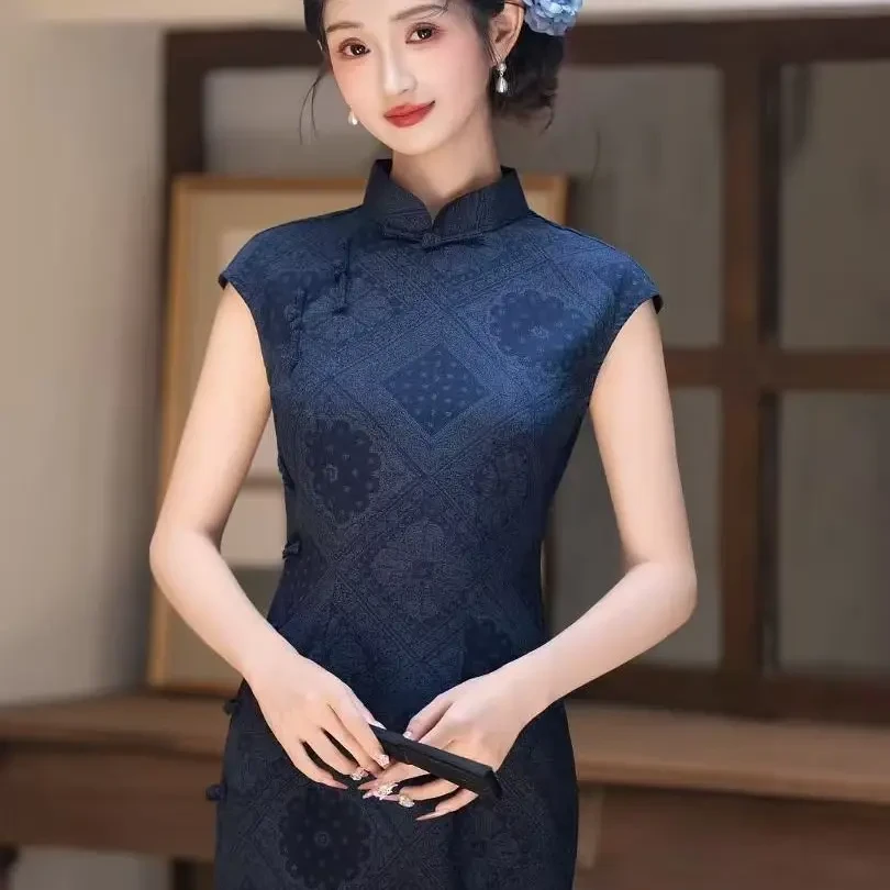 新中式中国风日常正常袖提花旗袍优雅中式修身蕾丝