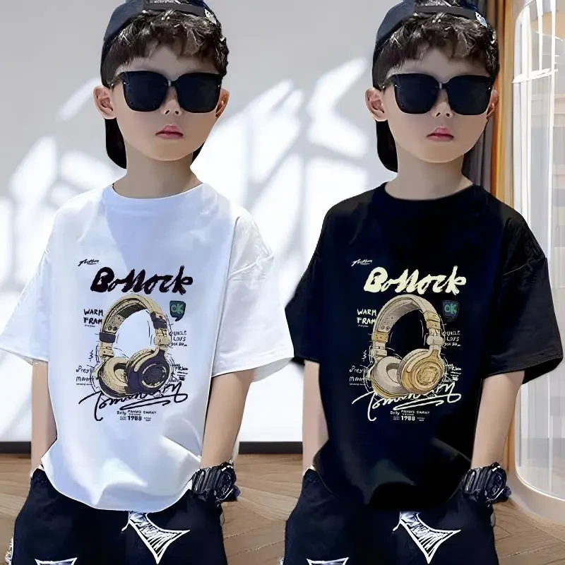纯棉男童T恤短袖潮流耳机新款儿童中大童男孩上衣半袖印花宽松