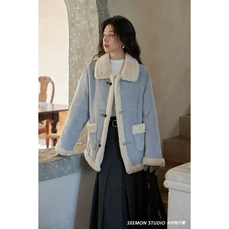 Seemon冬季韩系时尚潮流高级小个子保暖加厚独特牛角扣外套C18726