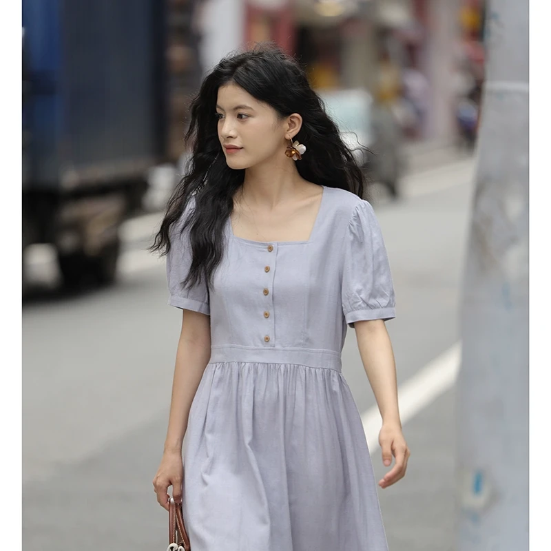 【1.20清清】觅定法式方领连衣裙温柔风气质长裙WQ50197