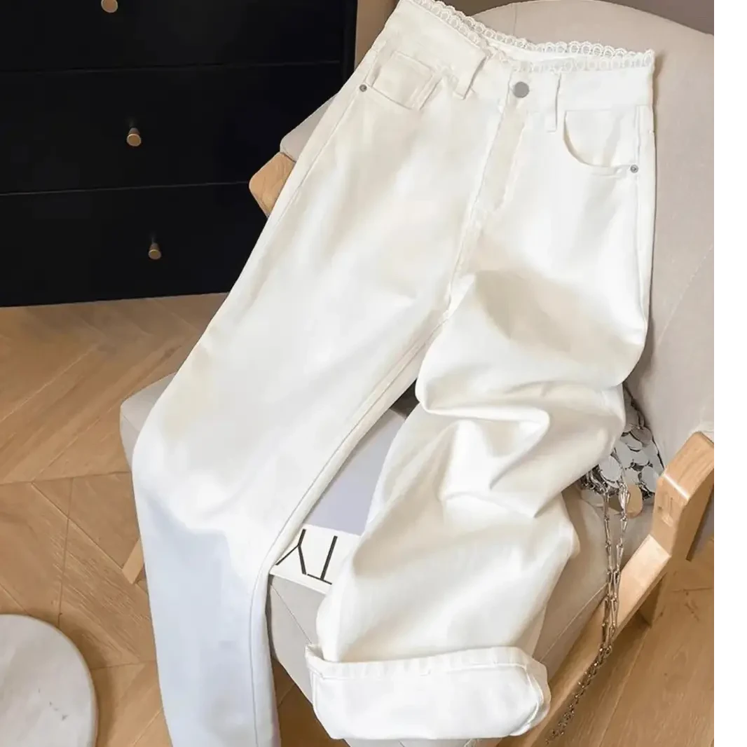 【现货+运费险】白色蕾丝边牛仔裤夏季薄款高腰宽松阔腿女生长裤