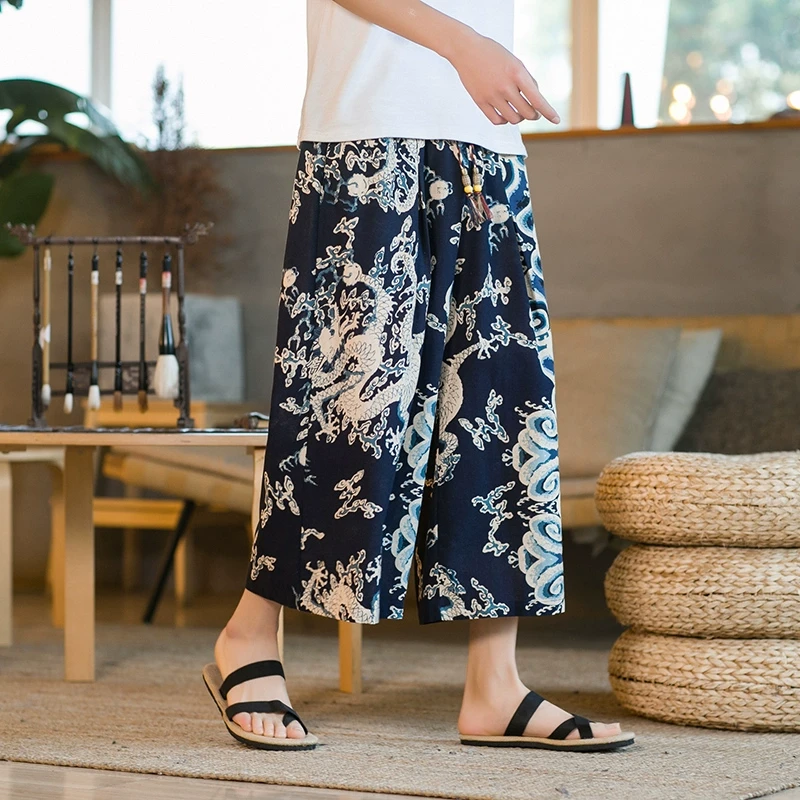 中国风复古龙纹印花短裤男士夏季薄款潮流宽松大码直筒休闲七分裤