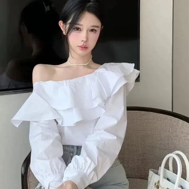 法式高级感轻熟优雅气质双层荷叶边斜肩长袖衬衫女宽松显瘦上衣潮