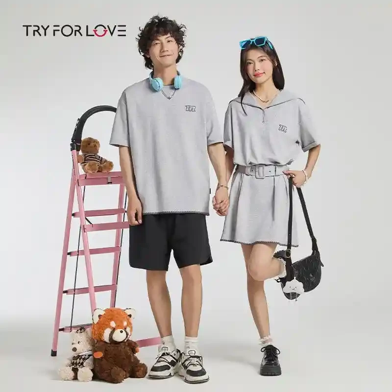 Tryforlove情侣装小众设计刺绣短袖T恤连衣裙女2025新款一衣一裙