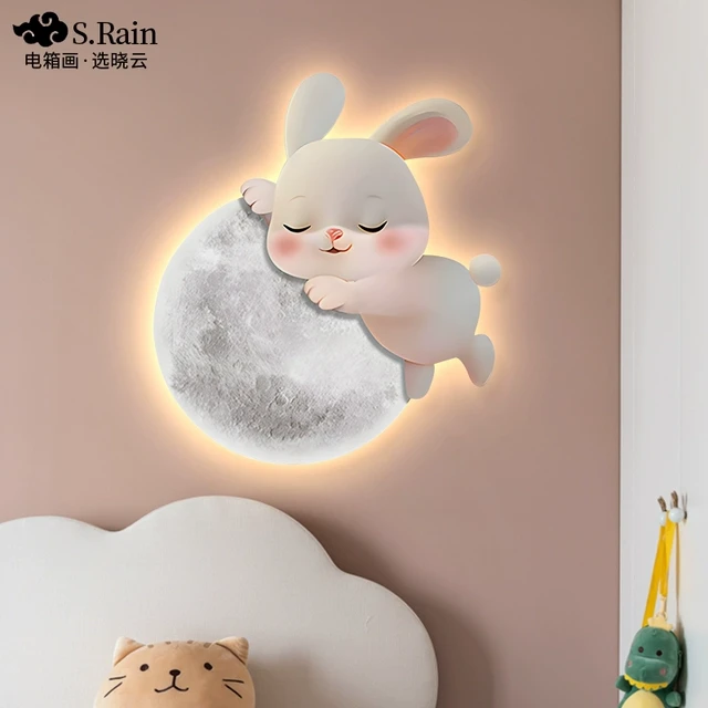 兔子月亮儿童房装饰画创意温馨女孩房间卧室背景墙床头挂画壁灯