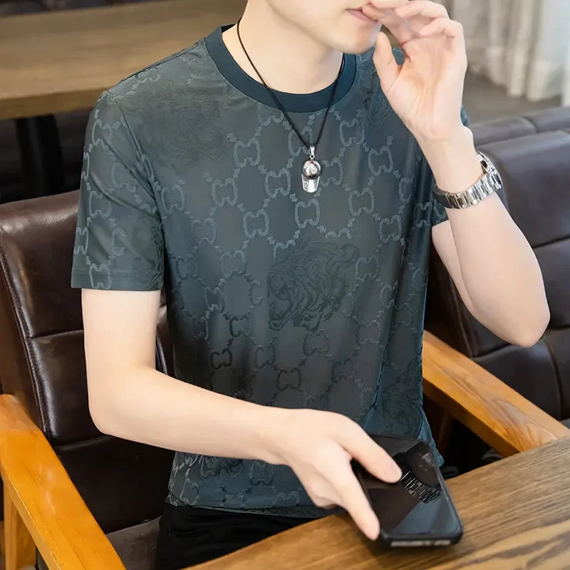 圆领新款短袖美式半袖夏季薄款提花T恤上衣常规合体型潮流休闲