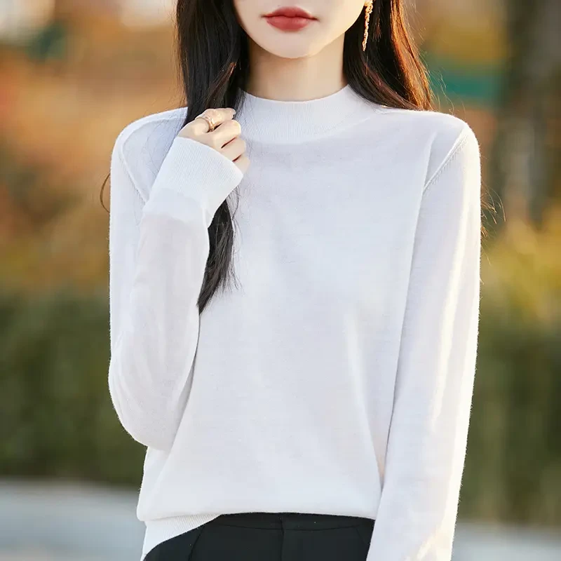 【精纺羊毛】小边半高领长袖针织PY6151春秋白色百搭薄款宽松纯色