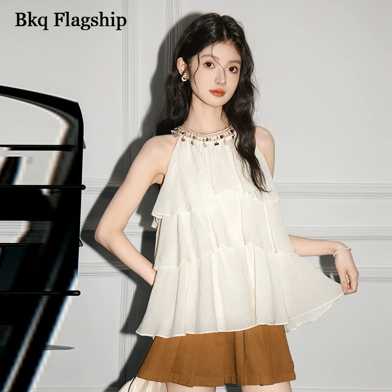 波西米亚风挂脖无袖吊带雪纺背心女2025夏季新款设计感荷叶边上衣