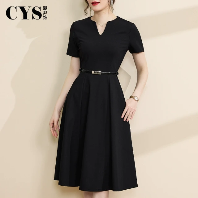 赫本风小黑裙女2025夏季新款v领收腰显瘦气质黑色职业通勤连衣裙