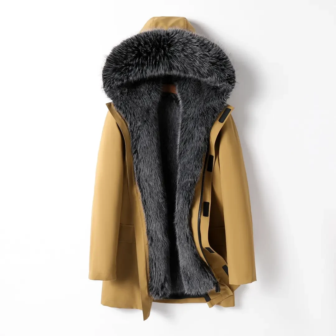 皮尔卡丹新款袖子加毛秋冬保暖加厚连帽大衣派克服外套