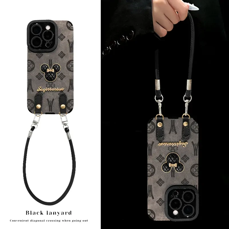 立体米奇适用苹果16华为vivo小米oppo瞳眼翻毛皮挂绳手机壳女防摔