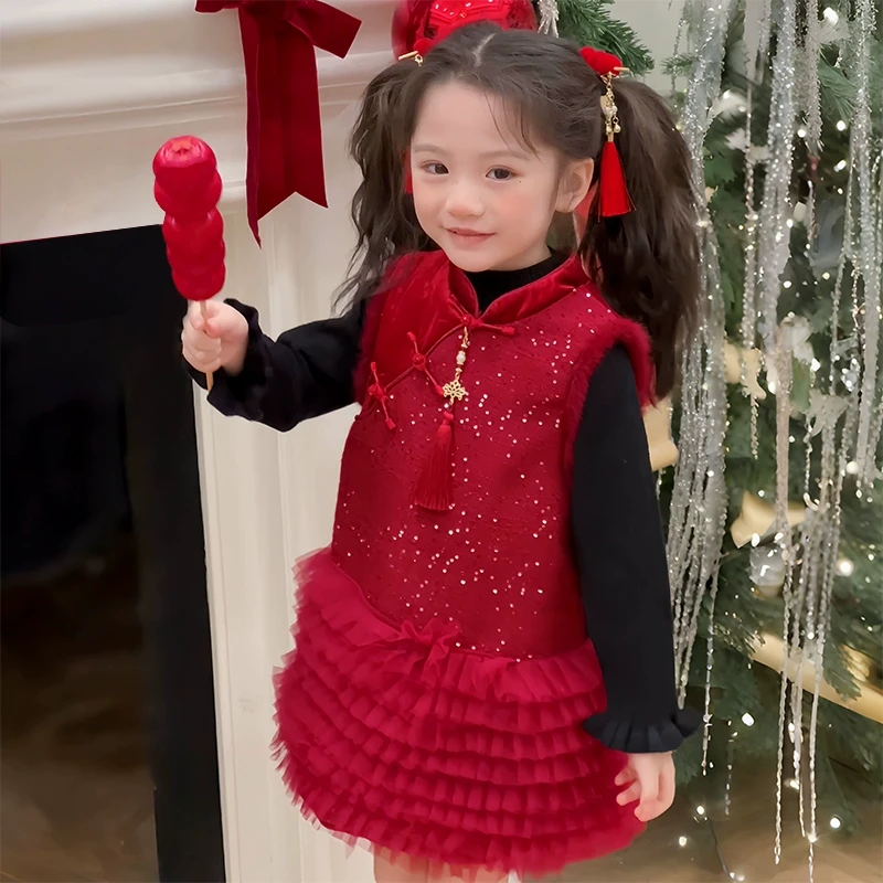 新年衣服女童毛衣2025冬装新款女宝宝公主裙喜庆拜年服