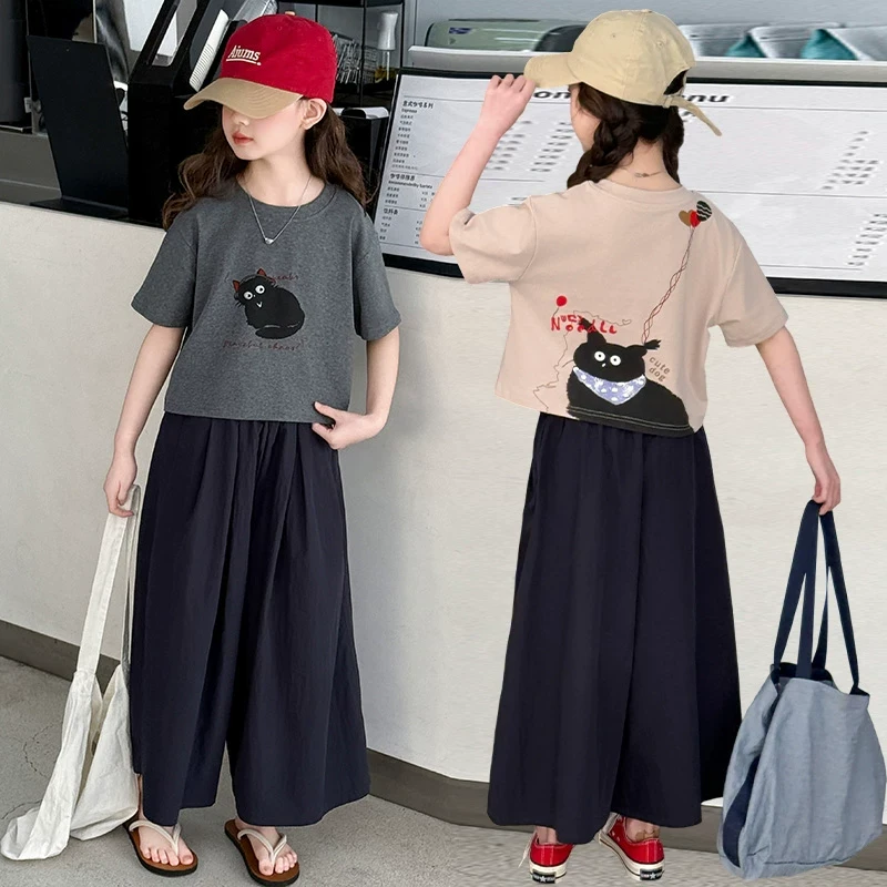 女童夏季阔腿裤套装新款时尚2025年中小学生夏天休闲裤裙两件衣服