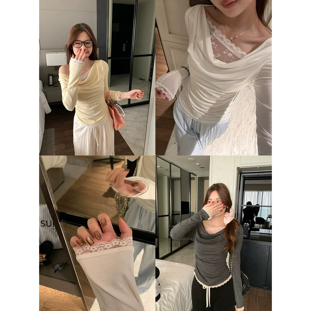 im向【心动缪斯’】 撞色蕾丝荡领假两件收腰T恤长袖纯欲百搭上衣