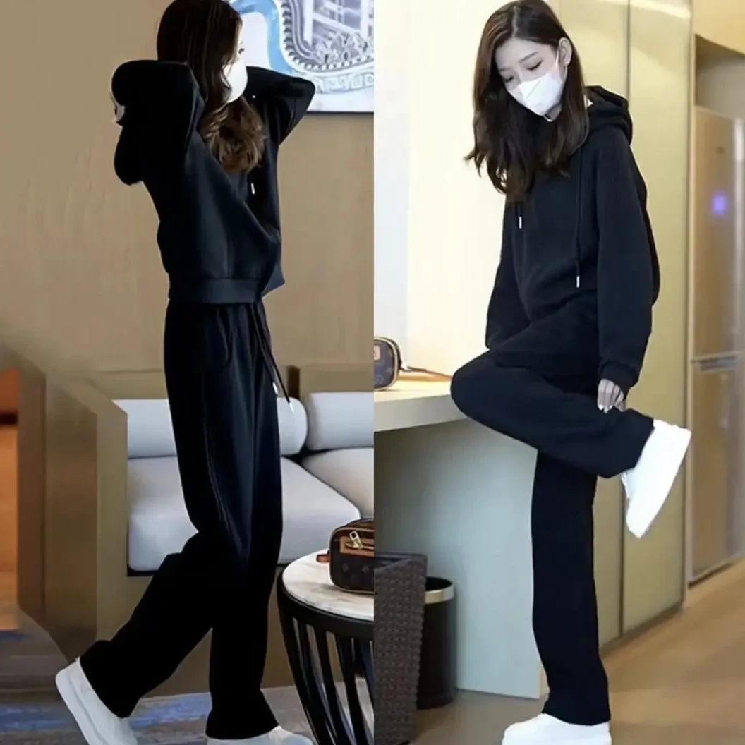 时尚套装女春秋季2025新款黑色连帽长袖卫衣配休闲显瘦卫裤两件套