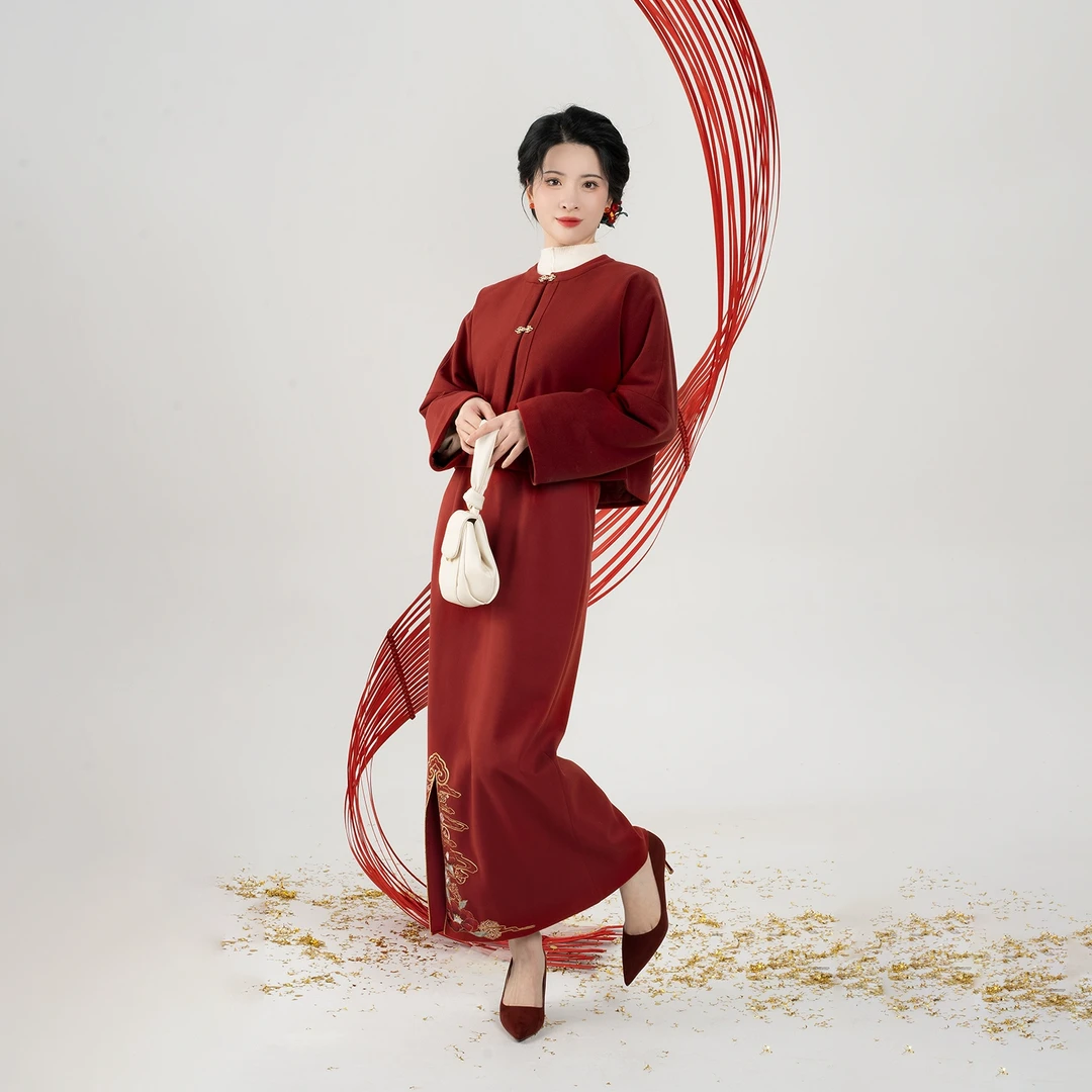 织造司[有钱花]步步生财开衩长裙改良汉元素新年战袍半身裙外套