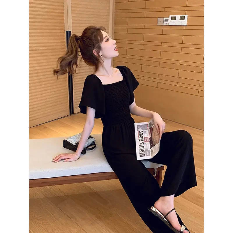 连体裤女2025夏季小个子黑色短袖气质时尚收腰显瘦韩版方领阔腿裤