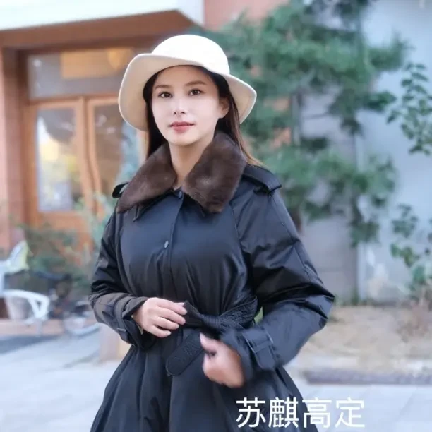 毛领中长款腰带加棉外套女士欧美风衣保暖95白鹅绒