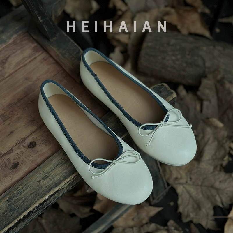 黑海岸 春款马皮单鞋女蝴蝶结浅口平底鞋通勤拼色手工小皮鞋百搭