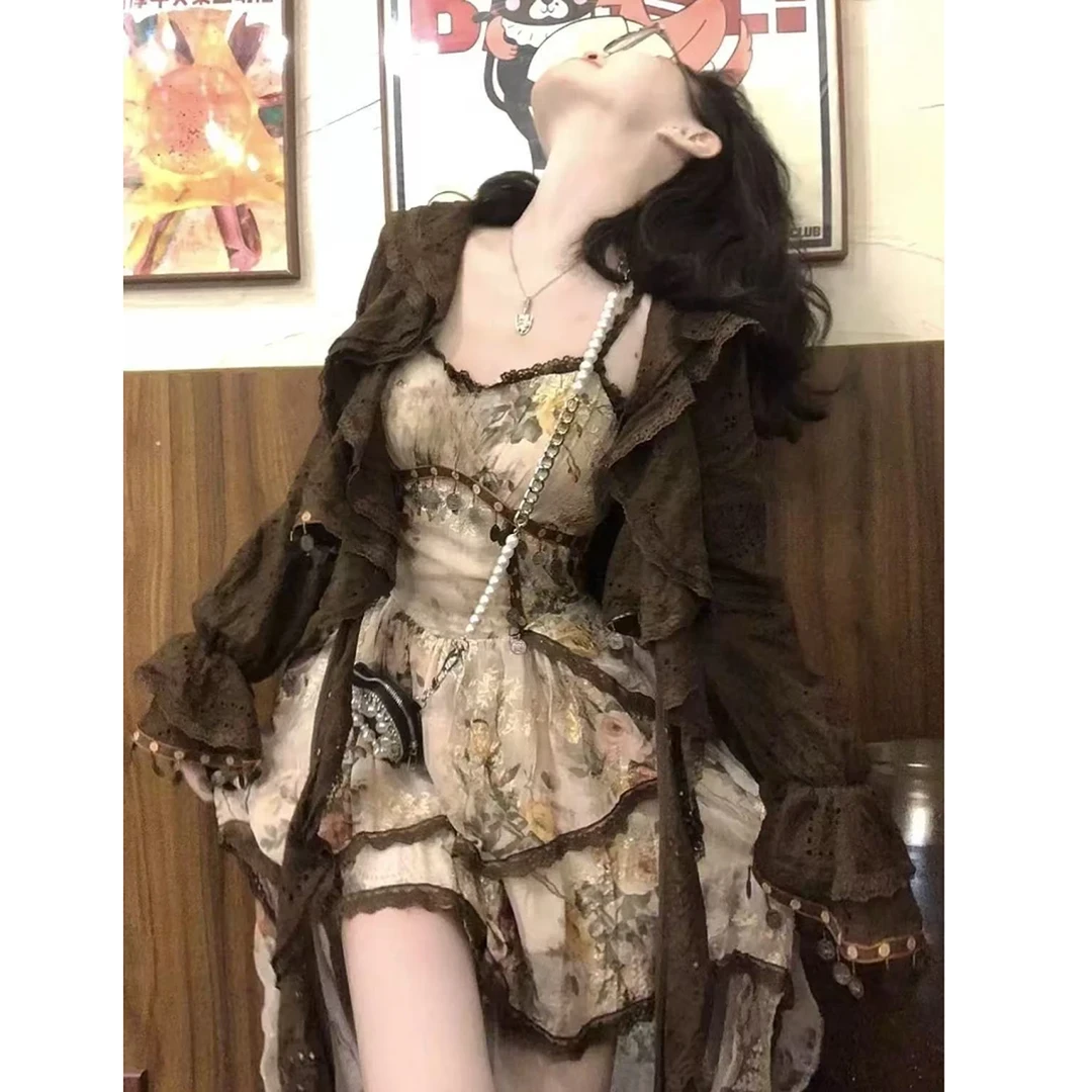 【旷野玫瑰】波西米亚风不规则吊带裙+开衫小众甜美初春连衣裙套装