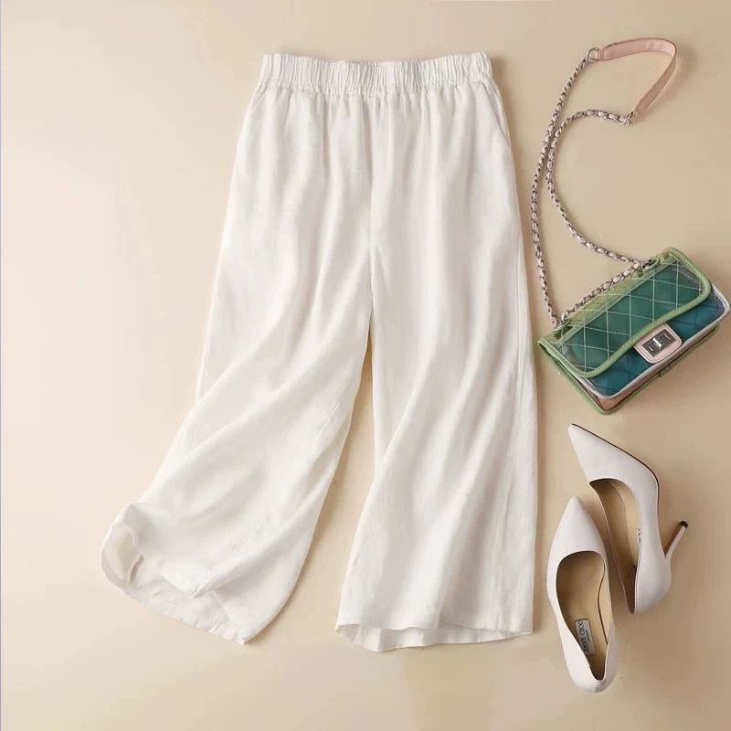 小众女裤夏季薄款妈妈裤子亚麻休闲裤女士夏装大码宽松九分阔腿裤