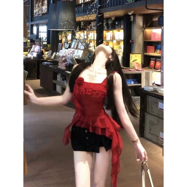 纯欲不规则荷叶边飘带红色吊带背心女夏外穿性感辣妹修身无袖上衣