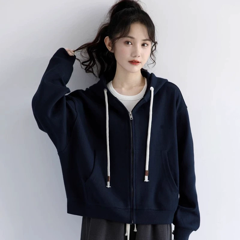 芊芊芙藏蓝色加绒加厚短款卫衣女春春秋2025新款美式开衫外套上衣