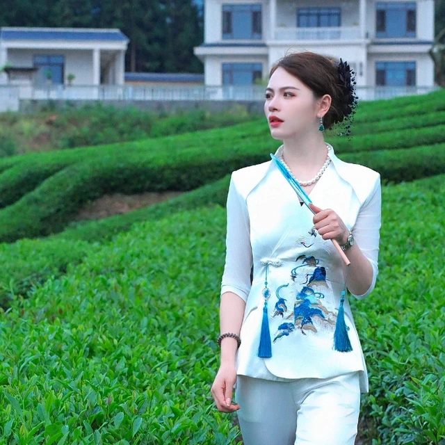 夏季新款国风千里江山刺绣图网纱袖洋气套装女2585