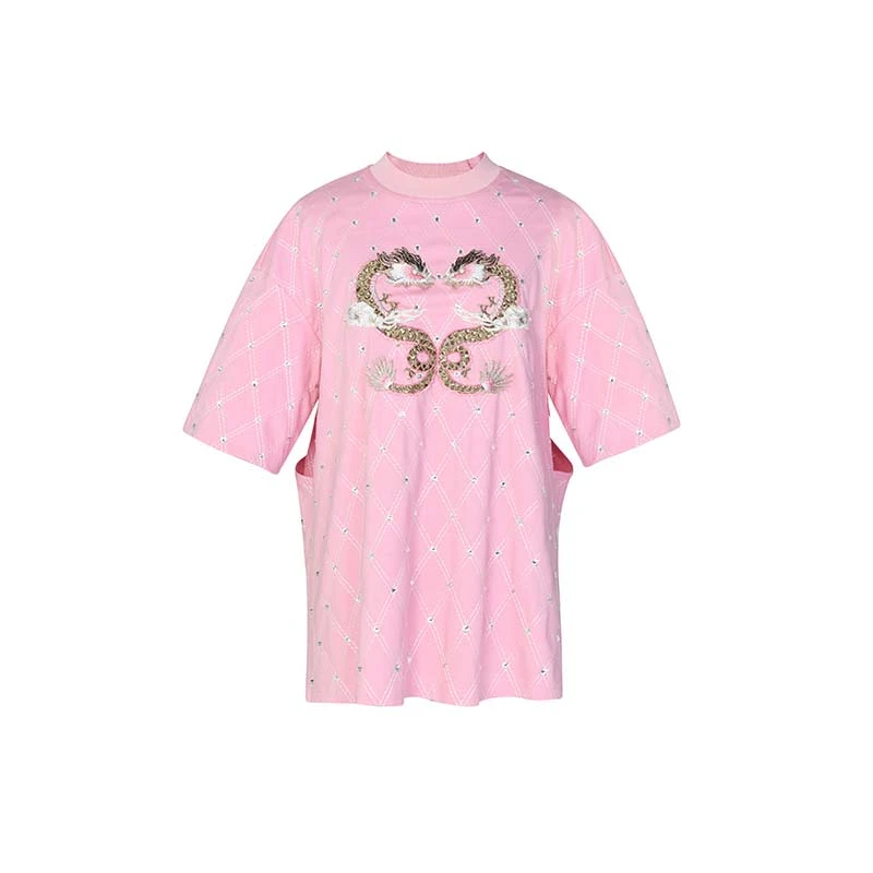 龙刺绣菱形格烫钻女士重工时尚宽松T恤LF24C00ST267