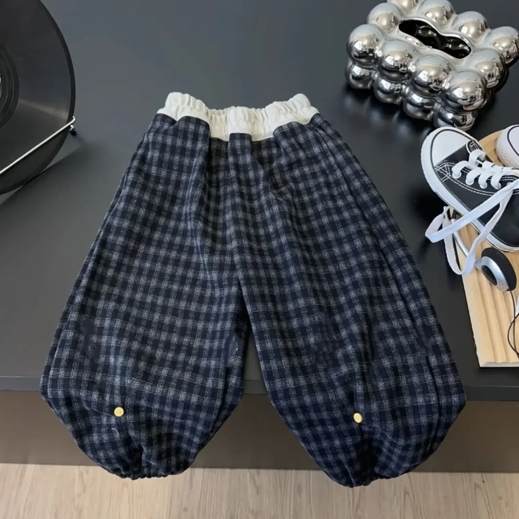 纽扣加绒格子休闲裤秋冬儿童宽松长裤男童女童裤子百搭