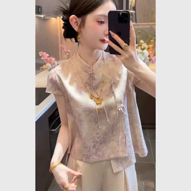 新中式女装紫色印花短袖衬衫夏季轻奢高级感醋酸缎面国风旗袍上衣