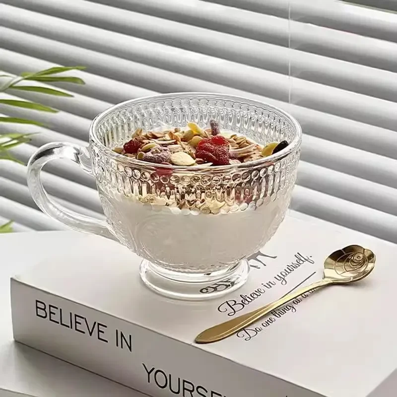 太阳花玻璃早餐杯复古浮雕燕麦牛奶杯家用大容量高颜值杯子k