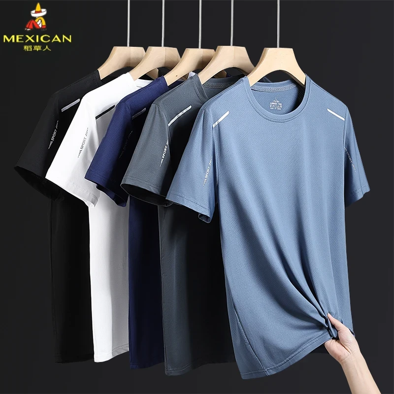 稻草人夏季透气圆领短袖男休闲半袖圆领速干跑步健身网眼冰感短袖