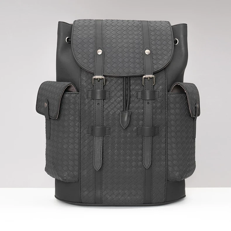 X&BV双肩包男士背包真皮商务编织大容量旅行包休闲书包男包电脑包