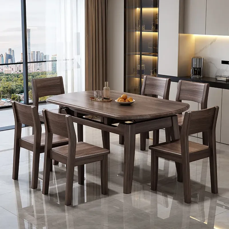 北美黑胡桃木餐桌椅组合实木可方圆饭桌家用小户型折叠桌子家用简