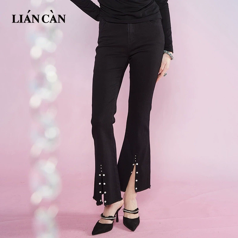 莲灿2025新春夏款微喇开叉牛仔裤超显瘦简约休闲黑蓝色71VF145006