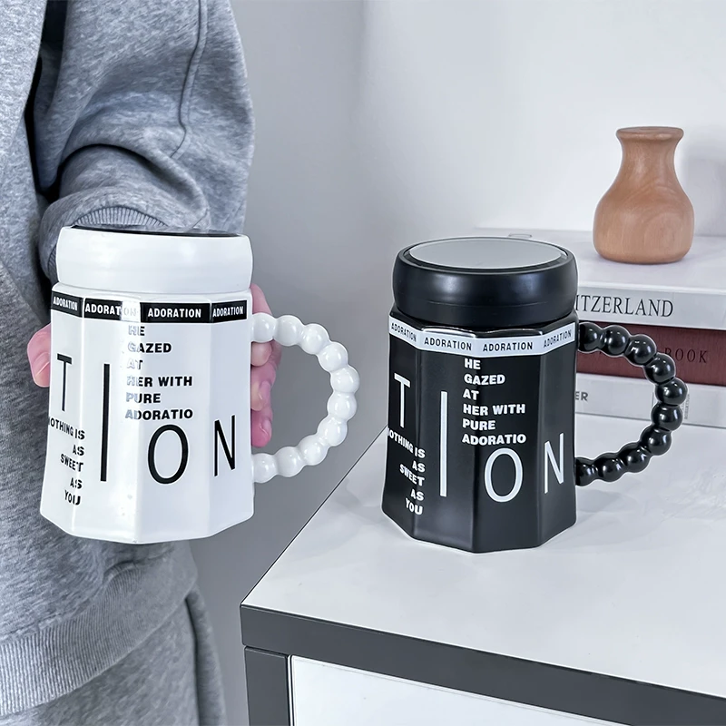 简约高颜值镜面陶瓷杯女生家用咖啡杯带盖子耐高温办公室情侣杯子