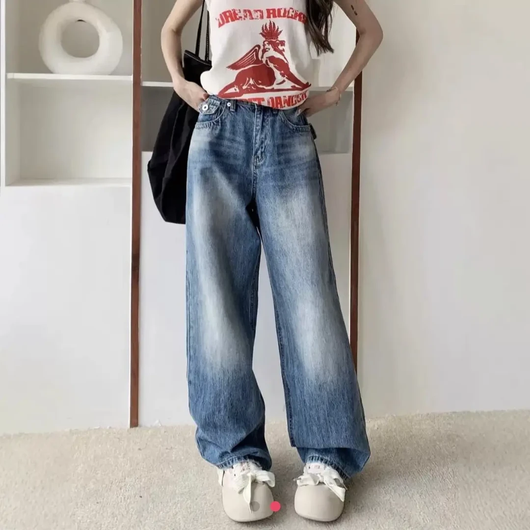 美式街头水洗蓝色阔腿牛仔裤女高腰宽松直筒显瘦拖地长裤