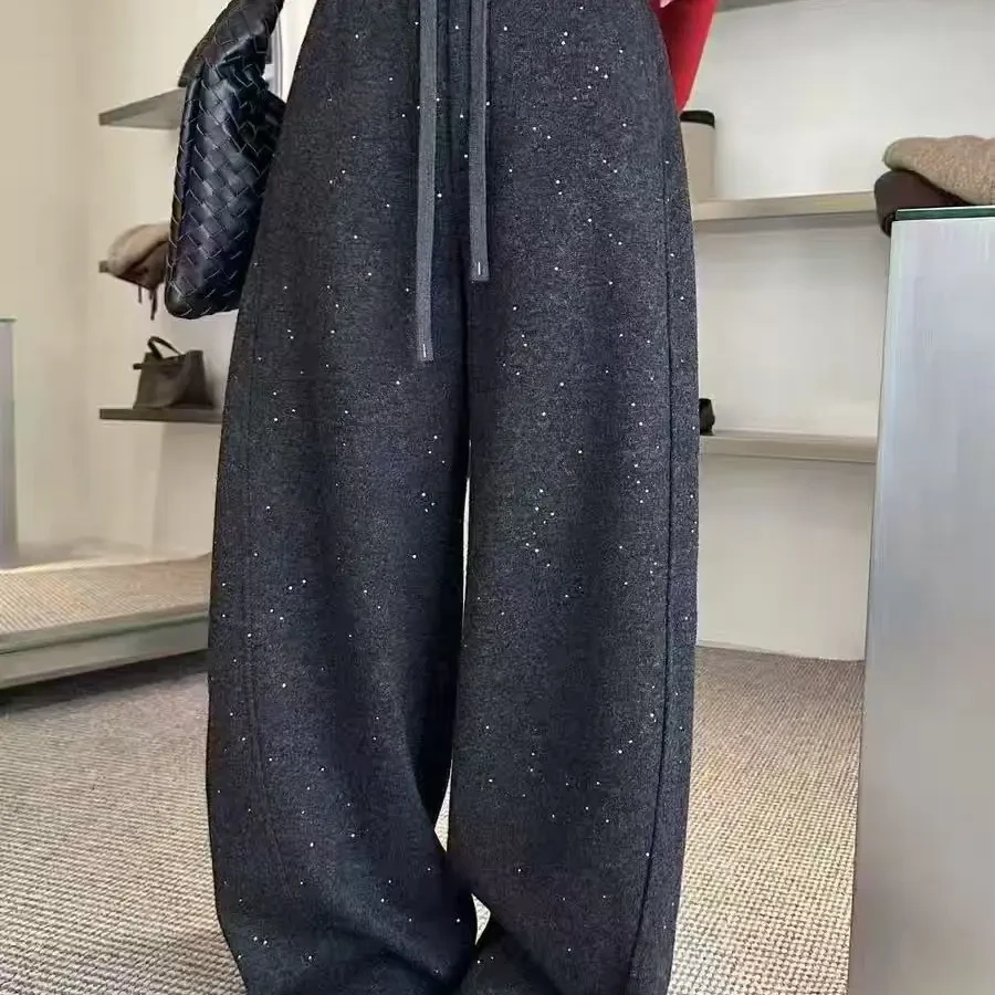 冬季撒银工艺加绒高腰宽松显瘦弯刀阔腿裤