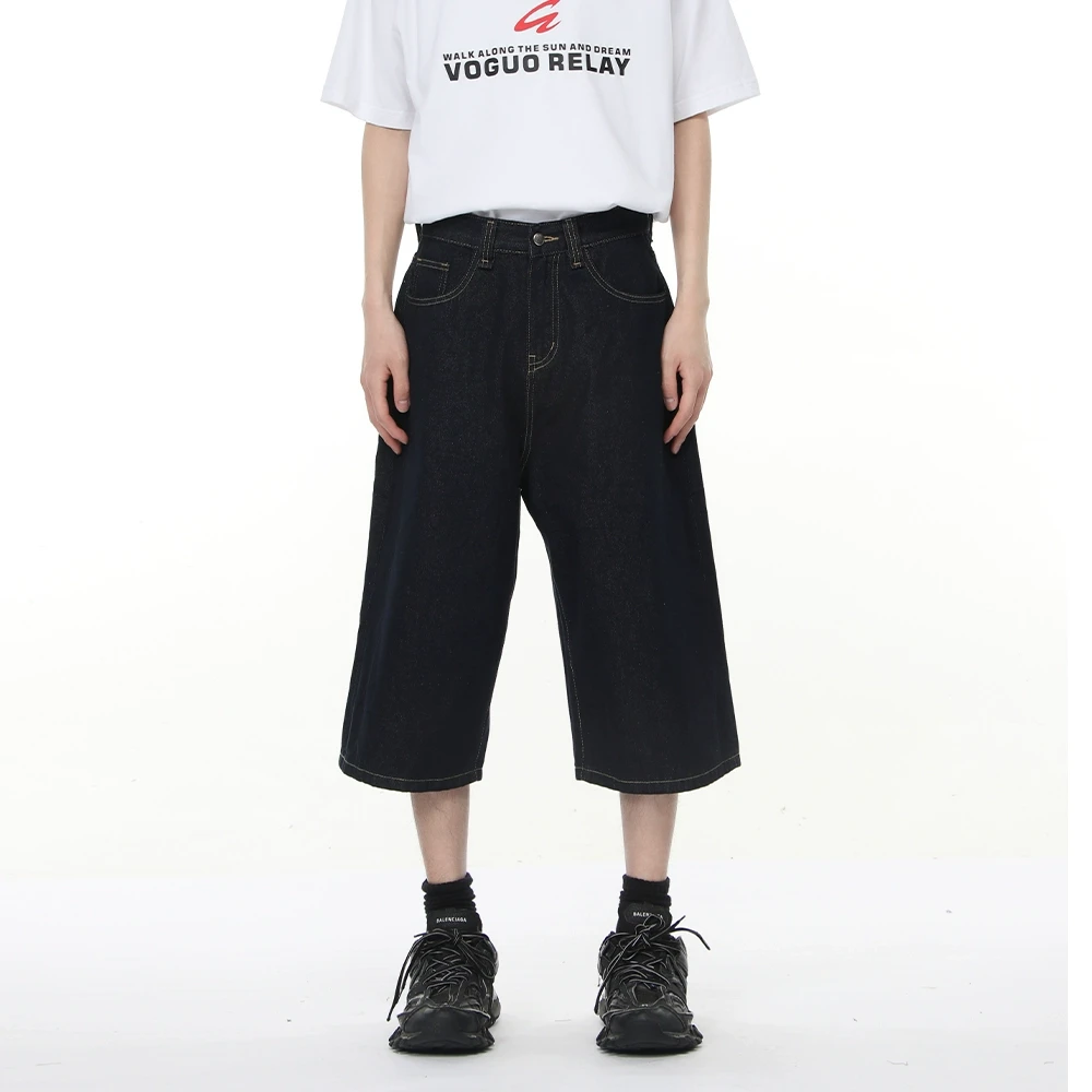 Voguo Relay美式复古原色黑色深蓝牛仔7分短裤百搭阔腿直筒中裤