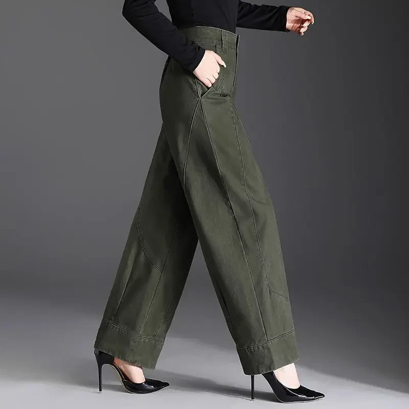 2025年春季新款高腰牛仔裤女宽松显瘦灯笼裤休闲裤简约军绿色长裤