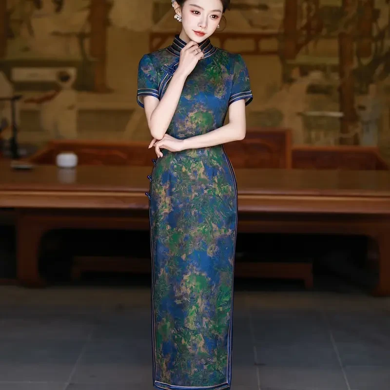 【889】衣长127cm低开衩高腰裙提花日常旗袍网红立领优雅印花中国风