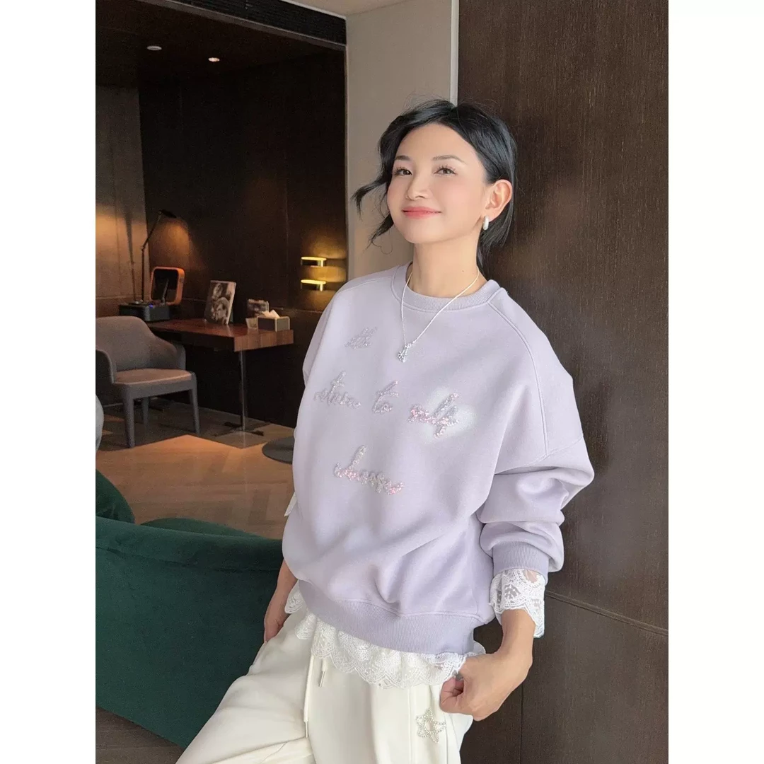 2025早春新款小众设计蕾丝拼接重工钉珠字母印花美式复古宽松卫衣